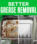 Before and after comparison of grease removal on trays using Platinum ActionPacs Dishwasher Detergent Pods Deliver Powerful Cleaning In One Wash Without Pre Wash, Fast Dissolving Formula Releases Dawn Grease Fighting Power, Enzymes Break Down Food Particles So They Flow Down The Drain, Fresh Scent, 12 Count.