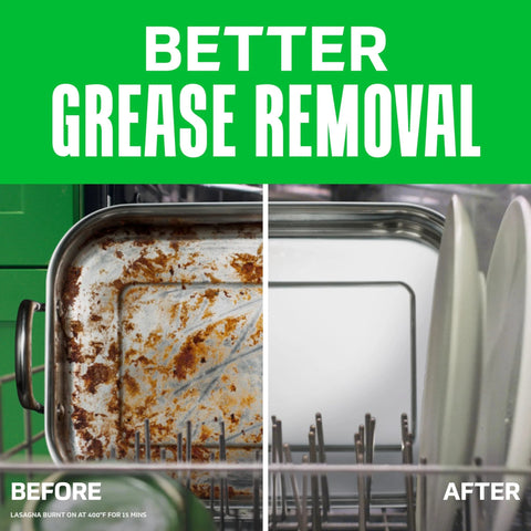 Before and after comparison of grease removal on trays using Platinum ActionPacs Dishwasher Detergent Pods Deliver Powerful Cleaning In One Wash Without Pre Wash, Fast Dissolving Formula Releases Dawn Grease Fighting Power, Enzymes Break Down Food Particles So They Flow Down The Drain, Fresh Scent, 12 Count.