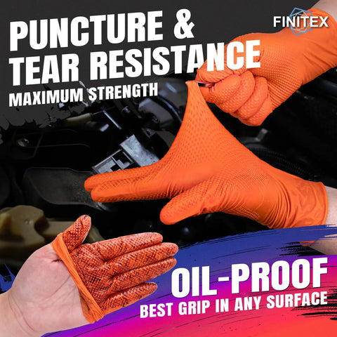 Heavy Duty Orange Nitrile Workhorse Gloves 6.3 Mil Thick Puncture Resistant Safety with textured grip for oily tasks.
