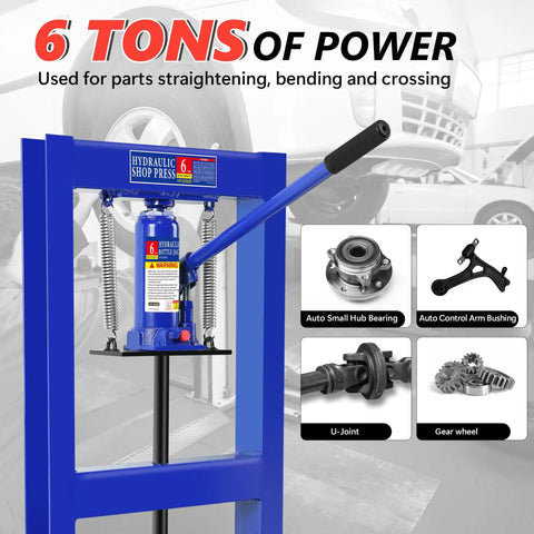 Six Ton H Frame Hydraulic Shop Press in blue for home garage use with bearing and U-joint tools displayed on side