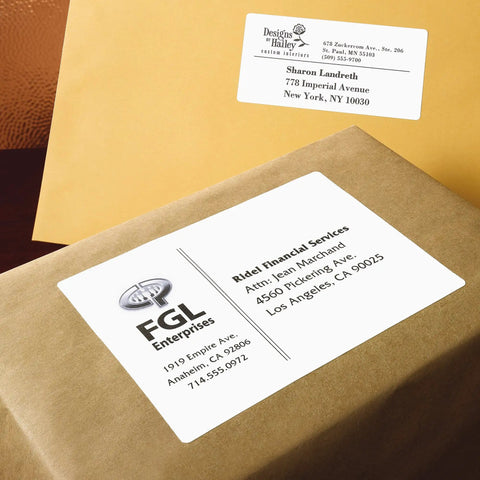 Kick Your Shipping Game With Smooth Operator Laser Compatible Labels Featuring Sure Feed Tech For Zero Jamming Hassles 3.5 X 5 Inches White on parcel and envelope.