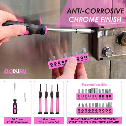Using screwdriver from 40 Piece Pink Home Tool Set With Plastic Toolbox Storage Case for lock repair.