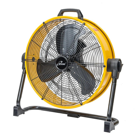 Heavy Duty 20 Inch High Velocity Drum Floor Fan With Brushless DC Motor And Stepless Speed Control Industrial Grade Air Circulation For Workshop Garage Shop Construction And Commercial Environments UL Listed, front view
