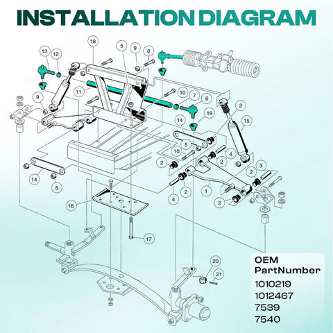 Installation diagram of Club Car Golf Cart Steering Kit With Tie Rod Ball Joints And Rack Pinion Drag Link For DS Turf Carryall Villager 1984 To 2008 Gas And Electric Carts Not For 2009 And Up