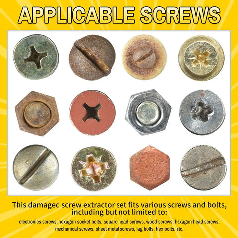 Image showing different screws and bolts types compatible with Heavy Duty Screw Extractor Set With Titanium HSS 6542 Bits.