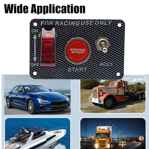 3 In 1 Universal 12V Racing Ignition Switch Panel With Red Start Button And On Off Toggle For Race Car Boat And Truck, showcases wide application