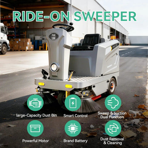 Top Shelf Ride On Floor Sweeper Kicking Dust At 92000 Sq Ft Per Hour with large dust bin and dual function for cleaning.