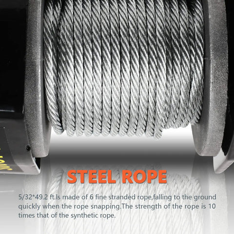 Close-up of steel rope on Beefy 2000 Lb Electric Winch For ATVs And UTVs 12V DC Waterproof Steel Rope Winch Kit