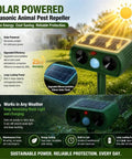 Solar Ultrasonic Outdoor Animal Deterrent With Motion Sensor IP65 Waterproof Garden Repeller Scares Squirrels Dogs Raccoons Skunks Rabbits Coyotes Deer From Your Yard Humane Solar Powered Yard Protection, green solar panel front view