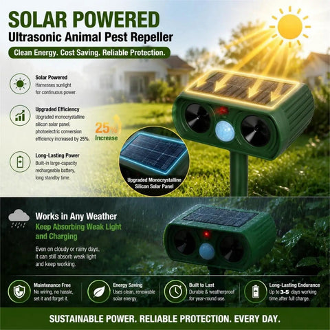Solar Ultrasonic Outdoor Animal Deterrent With Motion Sensor IP65 Waterproof Garden Repeller Scares Squirrels Dogs Raccoons Skunks Rabbits Coyotes Deer From Your Yard Humane Solar Powered Yard Protection, green solar panel front view