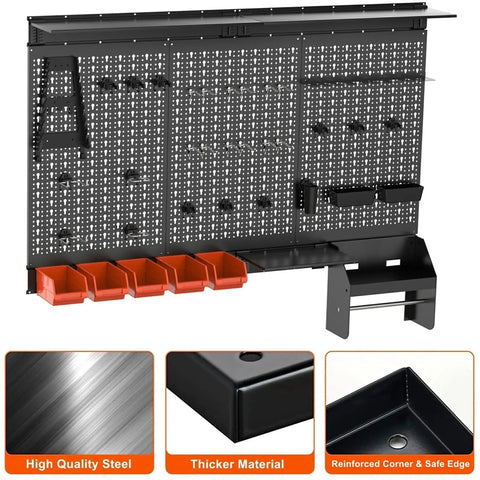 4ft Wide Metal Pegboard Wall Organizer Kit With Accessories For Garage, Wall Mount Tool Storage System, Shelves, Bins, And Workbench Organization In Black, Heavy Duty Steel With Powder Coat Finish
