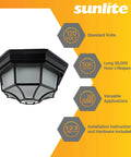 Slick 12 Inch LED Octagonal Outdoor Wall Or Ceiling Flush Mount Light With Dimmable And Selectable 3000K 4000K 5000K CCT, 17W, 800 Lumens, 120V, ETL Listed, Black Cast Aluminum And Frosted Glass with 50K hour lifespan and versatile applications on yellow background