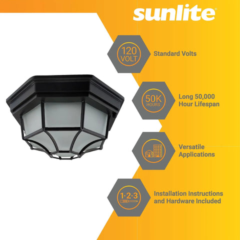 Slick 12 Inch LED Octagonal Outdoor Wall Or Ceiling Flush Mount Light With Dimmable And Selectable 3000K 4000K 5000K CCT, 17W, 800 Lumens, 120V, ETL Listed, Black Cast Aluminum And Frosted Glass with 50K hour lifespan and versatile applications on yellow background