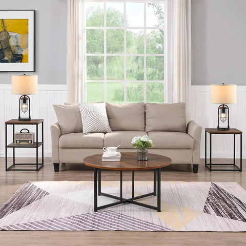 Living room scene with sofa, coffee table, and a set of cool industrial modern table lamps with night light and USB ports on side tables.