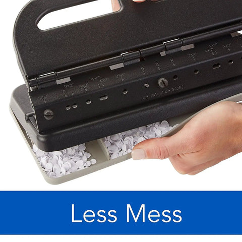 Person emptying waste tray of Heavy Duty Two To Seven Hole Punch With Semi Adjustable Heads Easy Touch Soft Grip Handle.