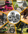 60 Piece Deep Groove Ball Bearing Assortment Kit In Six Sizes 608ZZ 693ZZ 695ZZ 626ZZ 627ZZ 6000ZZ Pre Lubricated Double Shielded Steel Bearings shown with various uses like skates, strollers, and skateboards.