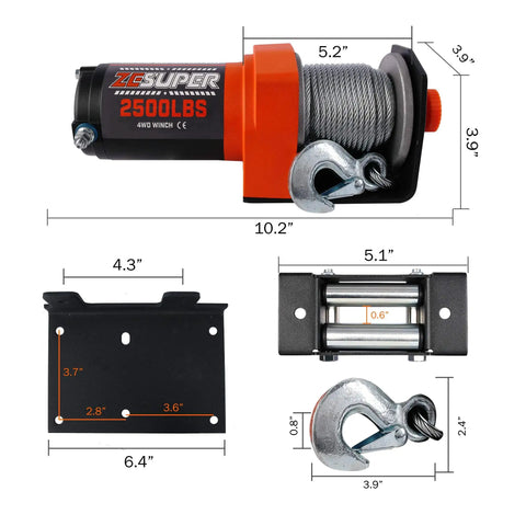 Diagram of 2500 Lb Electric Winch for ATV UTV Boat and Trailer with 50Ft Steel Cable 12V DC Waterproof Kit showing dimensions.