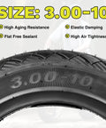 Close-up of Tubeless 3.0-10 E-Bike Tire Kit with text on high resistance, elastic damping, shown in urban background.