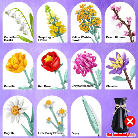 Epic Flower Bouquet Building Set With 1070 Pieces DIY Botanical Blocks For Home And Office Decor, Gift For Adults And Kids Ages 8 Plus Great Gift For Birthday And Valentine's Day Or Graduation Celebrations For Craft Lovers. Flower variety chart with not included vase