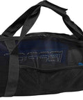 Black mesh duffle bag with scuba gear, labeled as Beefy Foldable Mesh Duffle Bag For Scuba Gear 138 Liters Travel Organizer Rinse Ready Snorkeling Equipment With Room For Long Fins And Regulators Easy Fold Flat Design.