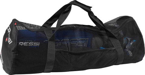Black mesh duffle bag with scuba gear, labeled as Beefy Foldable Mesh Duffle Bag For Scuba Gear 138 Liters Travel Organizer Rinse Ready Snorkeling Equipment With Room For Long Fins And Regulators Easy Fold Flat Design.