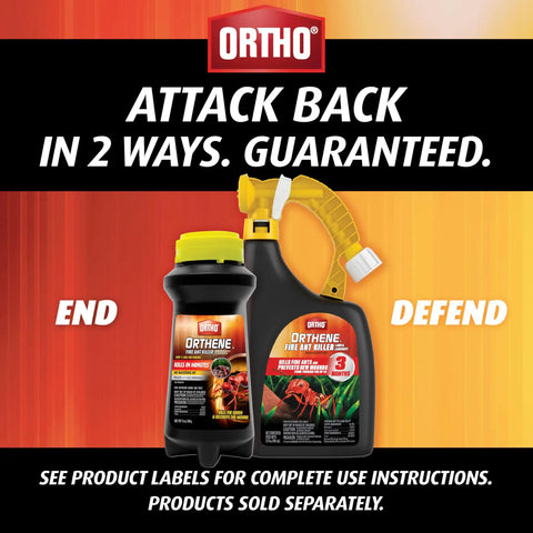 Ortho lawn and landscape pest control products with attack slogan and focus on Ready To Spray Hose End Lawn And Landscape Fire Ant Killer.