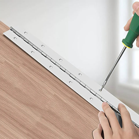 4 Pack 16 Inch Stainless Steel Piano Hinges Heavy Duty Continuous Strip With 64 Mounting Screws being installed on wood.