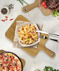 Top-down view of 15-pack acacia wood cutting boards with handles; 13.8 x 7 in bulk kitchen serving trays.