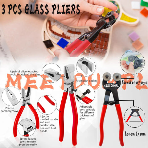 3 PCS glass pliers set with red handles, including detailed views of cutting edges and grip features on display in an art studio.