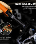 Close-up of Foldable Handheld Work Light With 500 Lumen LED USB C Rechargeable in use, highlighting built-in spotlight feature.