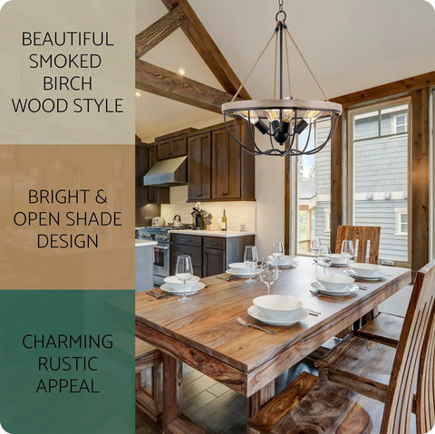 Florence 25 Inch Four Light Modern Farmhouse Hemp Rope Chandelier In Smoked Birch Finish over dining table