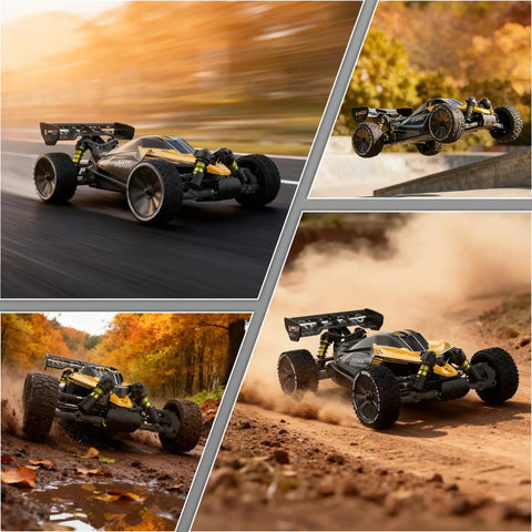 One Tenth Scale Brushless RC Monster Truck ready to run with 4WD on various terrains showcasing speed and rugged construction.