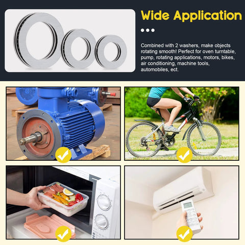 Mardatt 24pc thrust needle roller bearing set with washers; chrome steel rollers; collage of uses for cars and pumps.