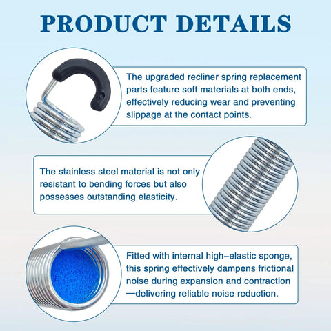 Four Piece 7 Inch Extension Springs For Power Recliner Lift Chair Couch Quick Swap Replacement With Heavy Duty Steel Coils And Precise Hook To Hook Sizing Built Tough For Smooth Glide Performance All Day Long, featuring durable stainless steel and soft-end materials.