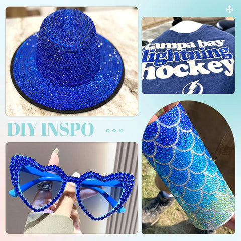 Royal Blue Resin Rhinestones Kit With 12100 Pcs Flatback Crystals And 3 Tubes Of 10ml B7000 Jewelry Glue, 2 Boxes, Includes Mixed Sizes 2mm 3mm 4mm For Bedazzling Crafts Nail Art Makeup Clothing And Shoes used on hat, shirt, sunglasses, and cup.