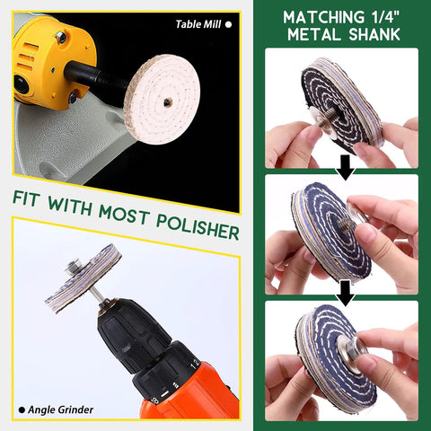 Badass 3 Inch Buffing Polishing Wheel Kit Featuring Workhorse Sisal Denim And Ultra Plush Cotton Buffer Discs Paired With Classic Brown Tripoli White Diamond And Green Rouge Compounds For Shop Grinding Tasks, mounting on angle grinder.