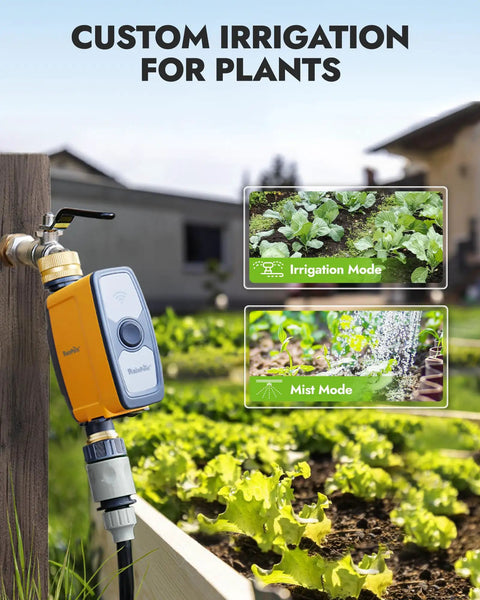 WiFi Water Timer For Garden Hose, Smart Hose Timer With App And Voice Control attached to a garden faucet, illustrating irrigation modes.