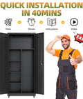 71 Inch Tall Metal Garage Storage Cabinet On Wheels With Locking Door Beefy Heavy Duty Steel Construction Powder Coated Broom Cabinet Organizer For Home Garage And Shop, open