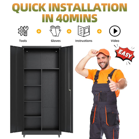 71 Inch Tall Metal Garage Storage Cabinet On Wheels With Locking Door Beefy Heavy Duty Steel Construction Powder Coated Broom Cabinet Organizer For Home Garage And Shop, open