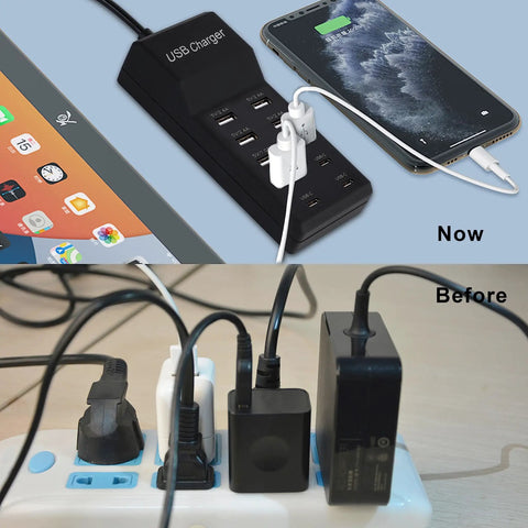 Comparison of a messy power strip setup and a neat 50W 10 Port USB Charging Station With 6 USB A Ports And 4 USB C Ports All In One Fast Charger For iPhone 15 14 13 12 11 X 8 7 6 Watches Tablets And Smartphones Black.