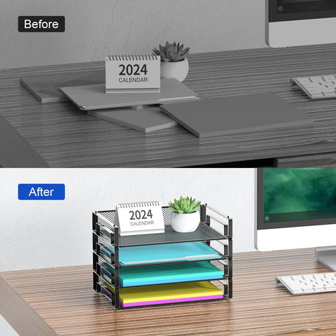 Before and after using 4 Pack Stackable Letter Paper Trays Desk File Organizer Mesh Paper Sorter for desk organization