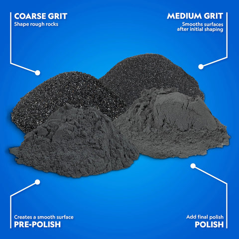 National Geographic rock tumbler grit and polish refill kit, front view with coarse and medium grit and final polish.