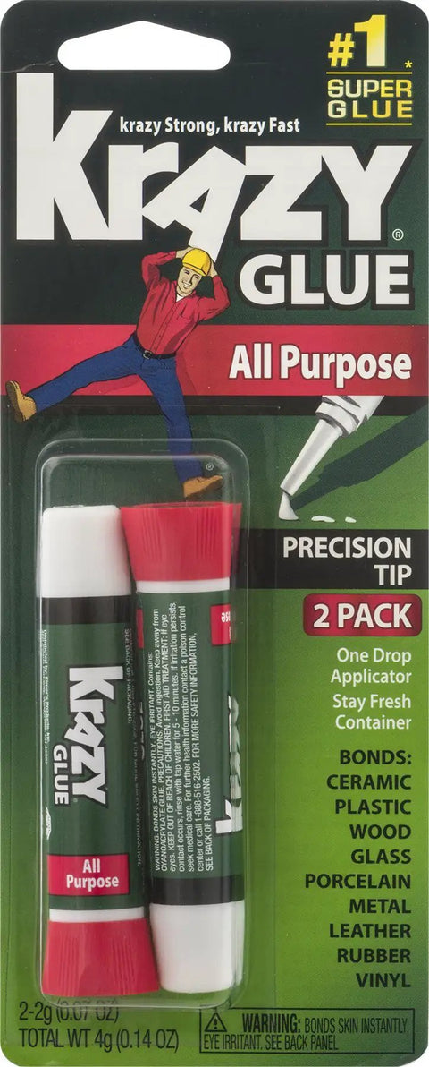 All Purpose Instant Super Glue Set with Precision One Drop Applicator, includes two 2G tubes for quick repairs, front view
