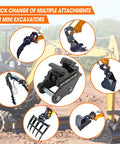 Quick Change Hitch Attachments For Mini Excavators Up To 3 Tons displaying various connector backhoe attachments and couplers