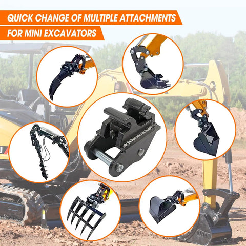 Quick Change Hitch Attachments For Mini Excavators Up To 3 Tons displaying various connector backhoe attachments and couplers