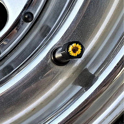 Aluminum Tire Valve Stem Caps 4 Pack With Dope Sunflower Pattern For Cars Trucks Bikes Motorcycles And Bicycles on wheel rim