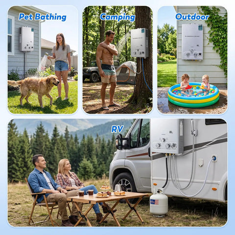 Ultra Lightweight Killer 8 Liter Portable Propane Water Heater With 2.11 GPM Tankless Flow And Crisp Digital Display for pet bathing, camping, and RV use.