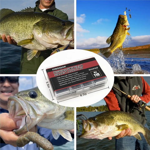 Collage of 110 Piece Strong Fishing Snap Swivel Kit with rolling barrel swivels, fish catches, and tackle box for lures