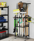 Heavy Duty Garden Tool Organizer With Lockable Wheels Workhorse Metal Garage Storage Rack 35 Tool Slots And Side Hooks Yard Tool Organizer For Garage Shed Lawn Outdoor Black, fully loaded view in garage environment.
