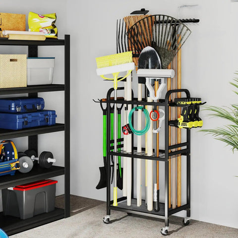 Heavy Duty Garden Tool Organizer With Lockable Wheels Workhorse Metal Garage Storage Rack 35 Tool Slots And Side Hooks Yard Tool Organizer For Garage Shed Lawn Outdoor Black, fully loaded view in garage environment.